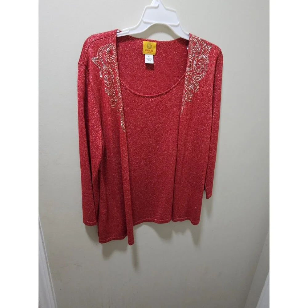 Ruby Rd. Red Sparkle Sweater. 2Fer. Beaded. Size  L - Picture 5 of 8